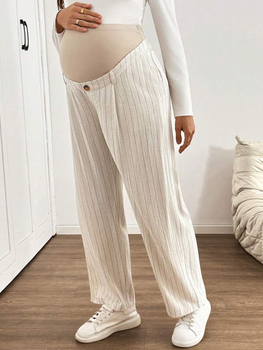 SHEIN Maternity Black Adjustable Waist Casual Soft Form Simple Daily Wear Delivery Long Pants Going Out Work Homewear Gender Reveal Autumn Teachers' Day - Khaki - View 1
