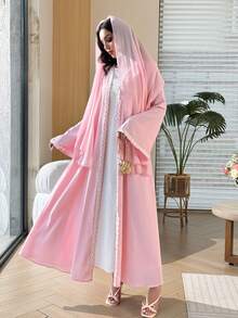 Yasmyna Elegant Pink And White Lace Trim Patchwork Long Sleeve Flared Chiffon Headscarf Abaya For Women - Pink - View 9