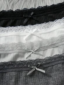 SHEIN 4 件/包 少女女孩 可爱简约舒适蕾丝蝴蝶结装饰弹力腰比基尼内裤 - 彩色 - 查看 3