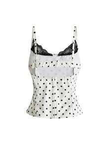 Sweetness Sweet Pure Girl White And Black Polka Dot Contrast Color Lace Trim Neckline Camisole Tank Top Women Brunch Summer Romantic Vintage - Apricot - View 2
