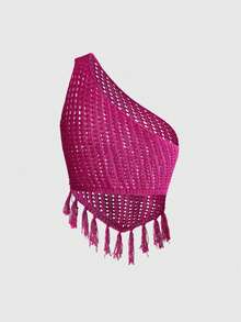 ROMWE Avant Casual Vacation Sexy Pastal Hollow Out Tassel Hem Knit Top Golf Summer - Hot Pink - View 2