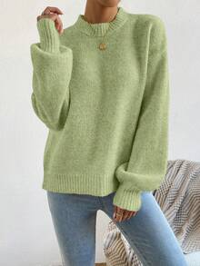SHEIN 秋冬休閒百搭純色毛衣 - 綠色 - 查看 7