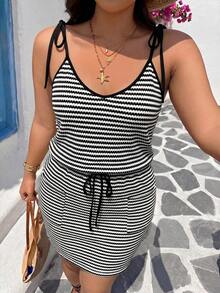 SHEIN VCAY Plus Size Summer Casual Striped Spaghetti Strap Dress - Black and White - View 3