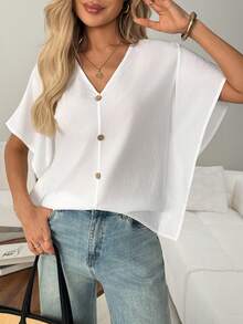 SHEIN LUNE Blusa de manga murciélago con botón delantero unicolor - Blanco - Ver 7