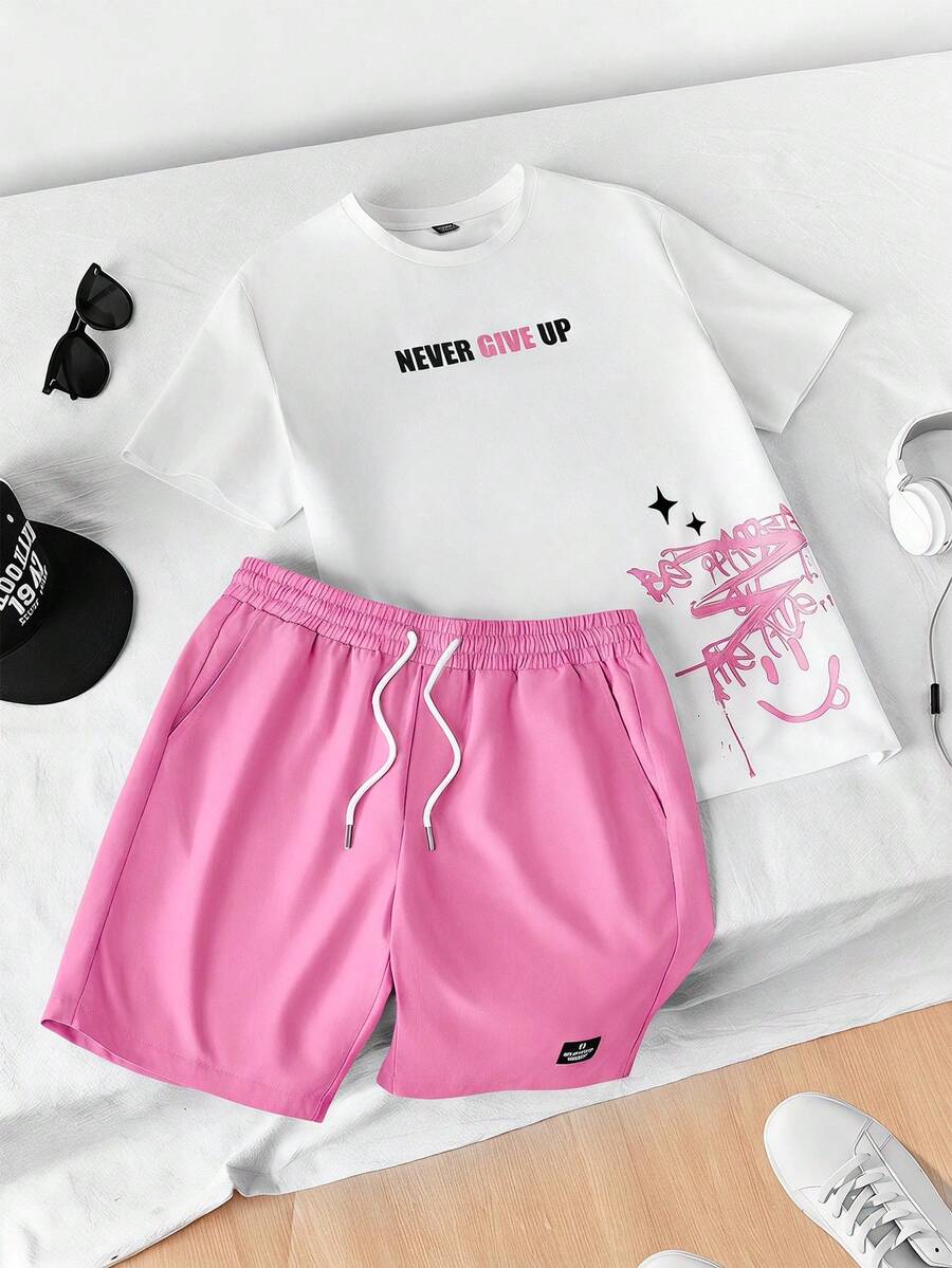 NORVETH Men's Casual Slogan Print T-Shirt & Shorts 2 Pieces Set - Pink - View 1