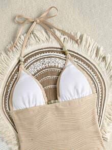 Costavie 女款夏季海灘純色掛脖式兩件式坦克比基尼泳衣套裝 - 米色 - 查看 6