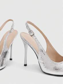 CUCCOO SZL Snake Pointed Back Empty Stiletto Shoes, Metal Buckle, Thin High Heels For Workplace Commuting - Silver - View 5