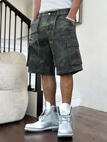 STEELVANCE 男士街頭風休閒多口袋拼接工裝腰繩迷彩牛仔短褲 - 軍綠色 - 查看 7