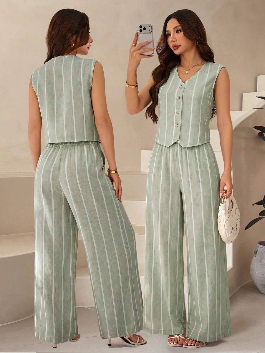 SHEIN PETITE 法式復古休閒條紋無袖上衣與寬腿褲兩件套女裝，夏季女款休閒條紋前扣背心上衣與長褲套裝，春夏套裝，適用情人節、嘉年華、海灘、派對、婚禮、優雅度假休閒無袖背心套裝 - 薄荷綠 - 查看 1