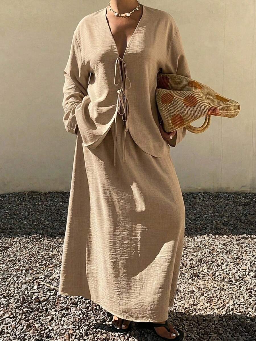 Dazy Plus Ensemble chemise et jupe en lin style minimaliste Old Money, tenue élégante et décontractée 2 pièces pour femmes, printemps/automne - Kaki - Voir 1