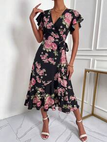 SHEIN Holidaya 女款優雅V領側綁帶開衩浪漫玫瑰印花洋裝 - 黑色 - 查看 6