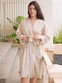 SHEIN Colorful Striped Print Long Sleeve Casual Plus Size Women's Nightgown - Multicolor - View 5