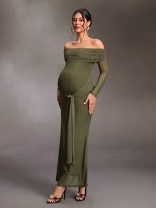 Cheriluna Maternity Maternity Off-Shoulder Solid Color Casual Party & Travel Dress Fall - Dark Green - View 2