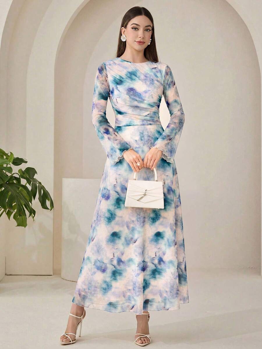 Veilorie 女款紮染圓領長袖百褶優雅長洋裝 - 藍色 - 查看 1
