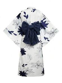 Irokai Floral Pattern Kimono Sleeve Robe And Camisole Dress Yukata Set - Blue and White - View 6