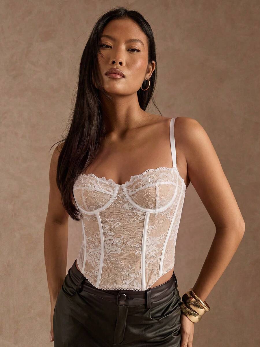 SHEIN BAE 女士花卉蕾丝修身性感吊带背心 - 白色 - 查看 1