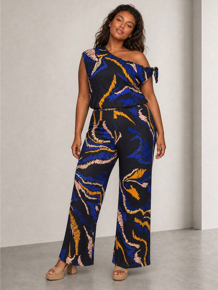 ELLERISSA Große Größen Mehrfarbiger abstrakter Jumpsuit mit einem Schulter, geknotet und weitem Bein - Verschiedenfarbig - Übersicht 1