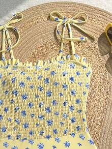 SHEIN Swim Đồ bơi một mảnh nữ dây áo spaghetti họa tiết hoa nhiệt đới ngẫu nhiên toàn thân màu vàng dễ thương cho bé gái, du lịch biển mùa xuân/hè - Nhiều màu - Xem 4
