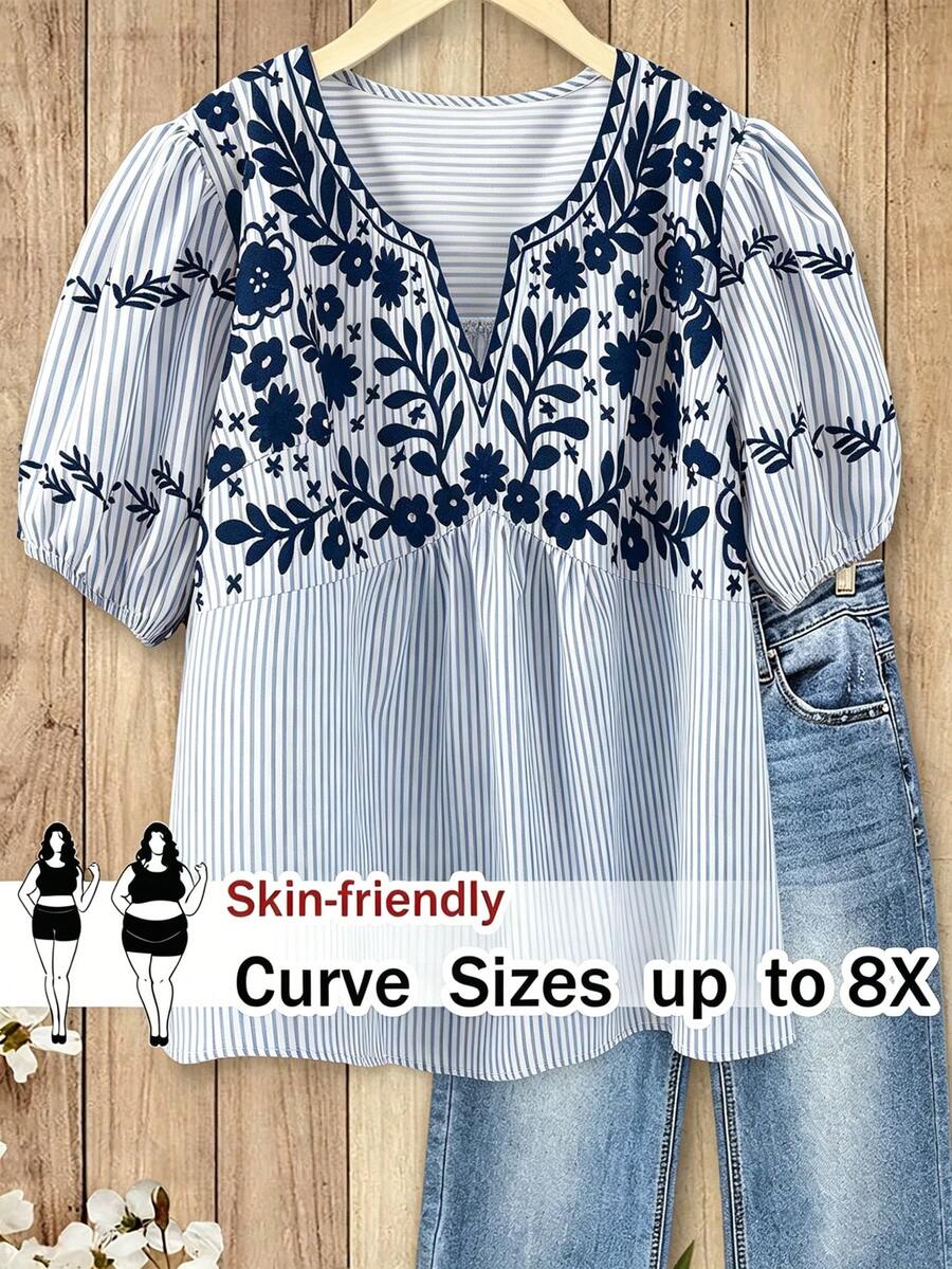 SHEIN CURVE+ Plus Size Women's Fashion Elegant Casual Safari Baby Blue Striped Base Floral Print Small V-Neck Short Sleeve Regular Fit Blouse Vacation Summer - Navy Blue - View 1