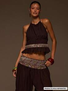 MUSERA Black Chiffon Shirred Halterneck Trim Detail Top - Coffee Brown - View 1