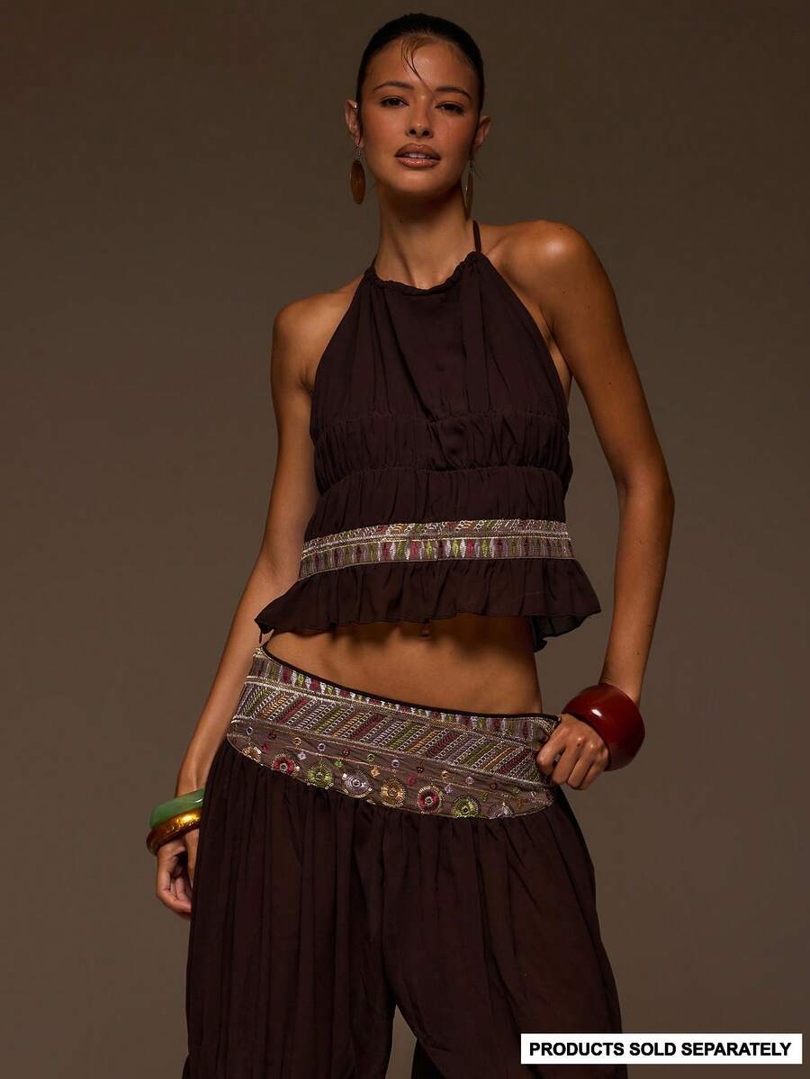 MUSERA Black Chiffon Shirred Halterneck Trim Detail Top - Coffee Brown - View 1