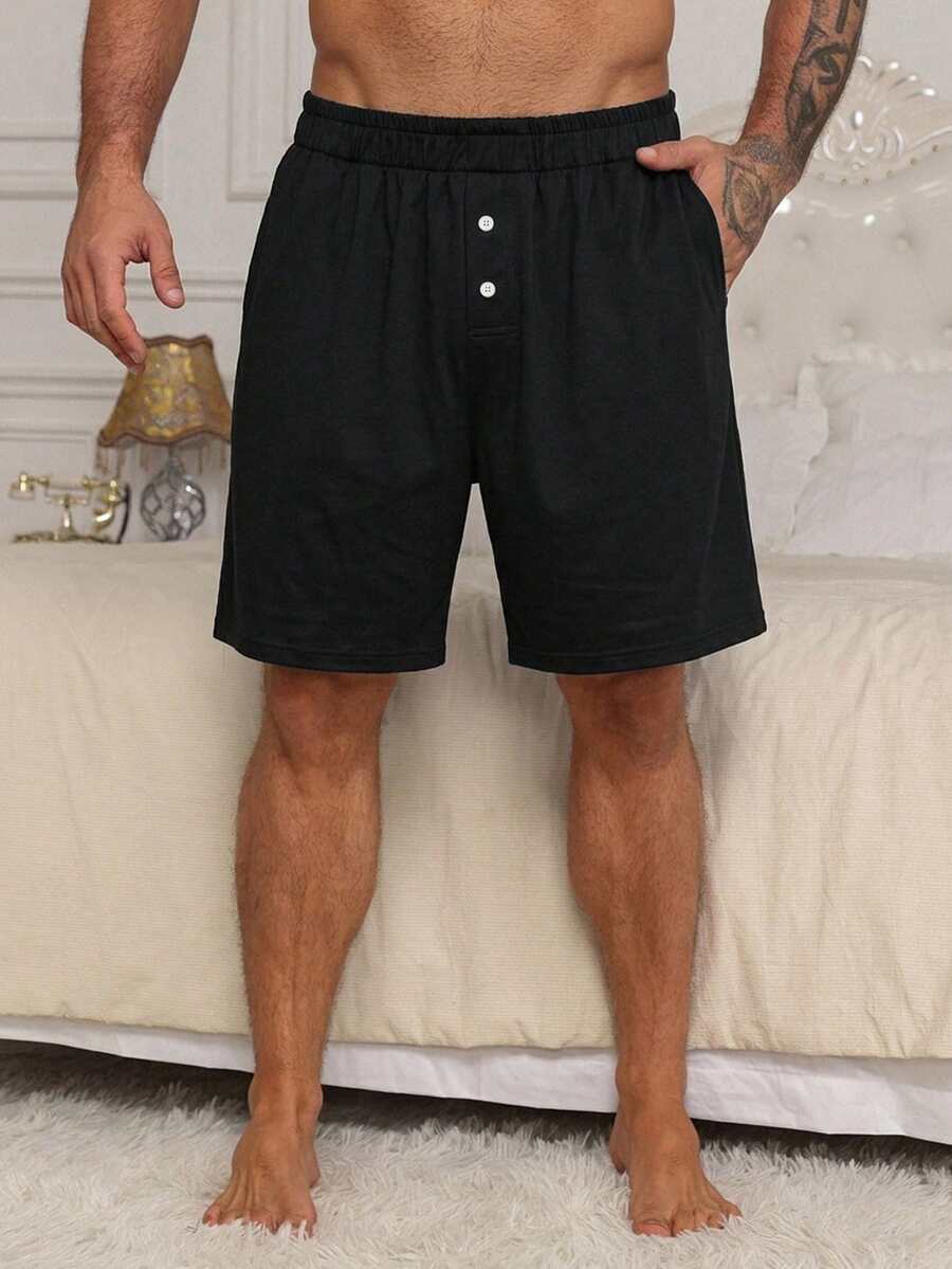 DAZY 男士純色彈性腰頭假門襟裝飾短褲家居服,夏季 - 黑色 - 查看 1