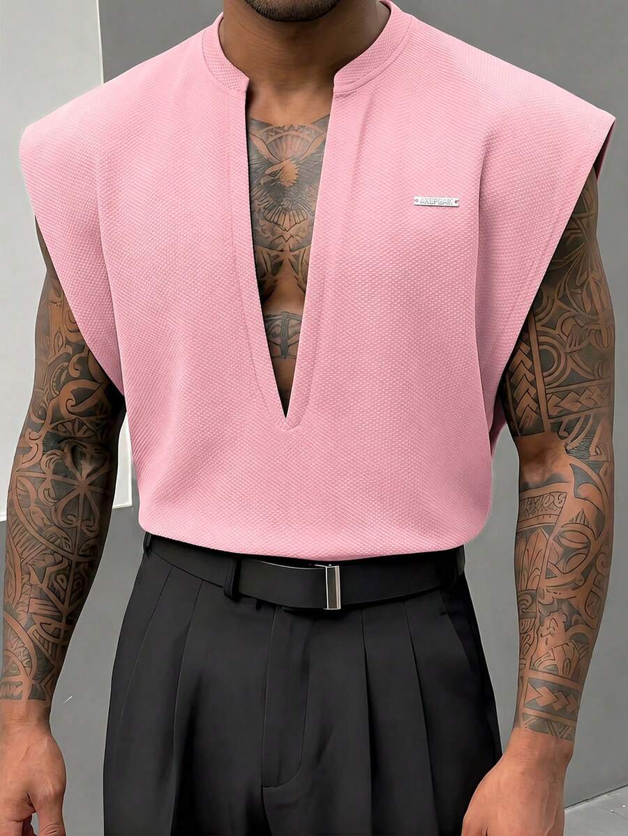 AXEPEAK Men's Metal Letter Patchwork Deep V-Neck Casual Tank Top - Pink - View 1