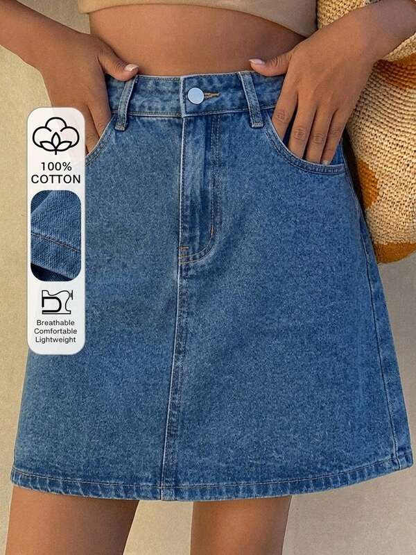 Livesso Women's Casual Solid Color Washed Pocket White Straight Leg Denim Skirt, Spring/Summer School