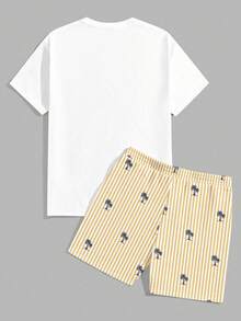 Sorvial Men's Casual Vacation Coconut Tree Print T-Shirt And Striped Shorts Set - White - View 4