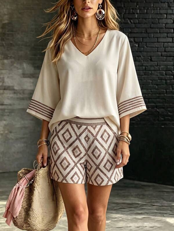 Louniche Women's Casual Versatile Faux Linen Printed Shorts And Batwing Sleeve Loose Blouse, Spring/Summer Bohemian Striped Casual 2-Piece Set