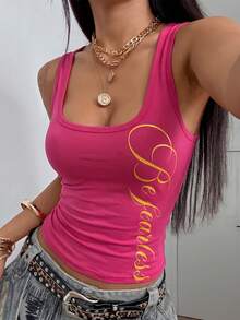 Fiercella Fiercella 女士黑色百搭通勤U领银色英文字母印花街头风修身性感返校吊带背心，春夏款 - 玫紅色 - 查看 5