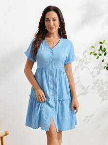 SHEIN 純色V領短袖單排扣荷葉邊下擺洋裝 - 藍色 - 查看 4