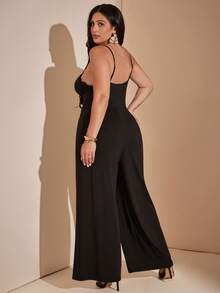 SHEIN BAE Plus Size Black Lace Patchwork Long Jumpsuit With Cup Elegant Sexy Notched Neck Slim Fit For Women Party Evening Cocktail Date Night Summer - Black - View 3