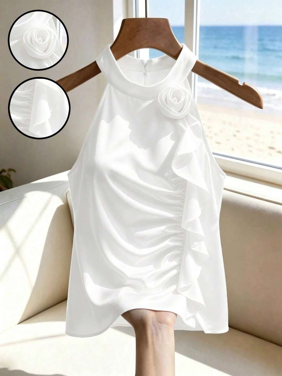 GlowEve CURVE Plus Size Women Solid Color 3D Floral Decor Pleated Halter Blouse Party Vacation Wedding Guest All White Summer - White - View 1