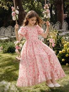 Glamorique Kids 女童泡泡袖公主洋裝，新款兒童時尚草坪婚禮花童花卉長洋裝 - 粉色 - 查看 2