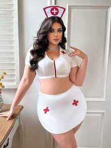 Spicy Aura Plus Size Sexy Nurse Cosplay Costume, Milk Silk Top + Skirt + Headband 3pcs Set - Red and White - View 1