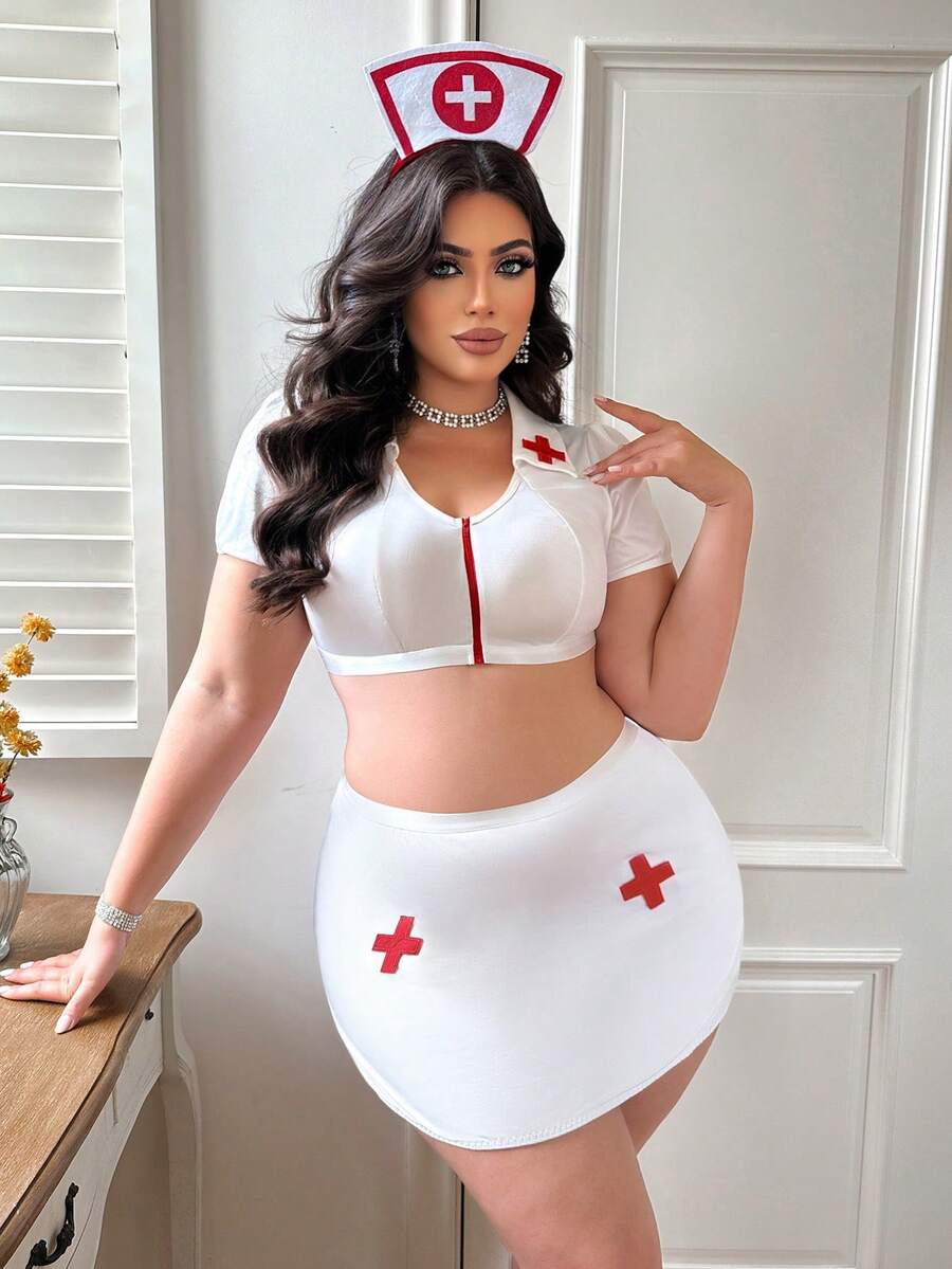 Spicy Aura Plus Size Sexy Nurse Cosplay Costume, Milk Silk Top + Skirt + Headband 3pcs Set - Red and White - View 1