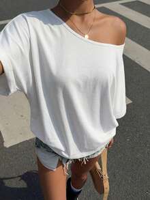 Muchica 休閒街頭風 95% 棉 黑白配色 百搭寬鬆不對稱領 女款 T-shirt，適合春夏度假 - 彩色 - 查看 6