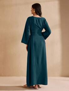 Graceveil Round Neck Solid Color Drawstring Tie Arabian Dress - Blue - View 4