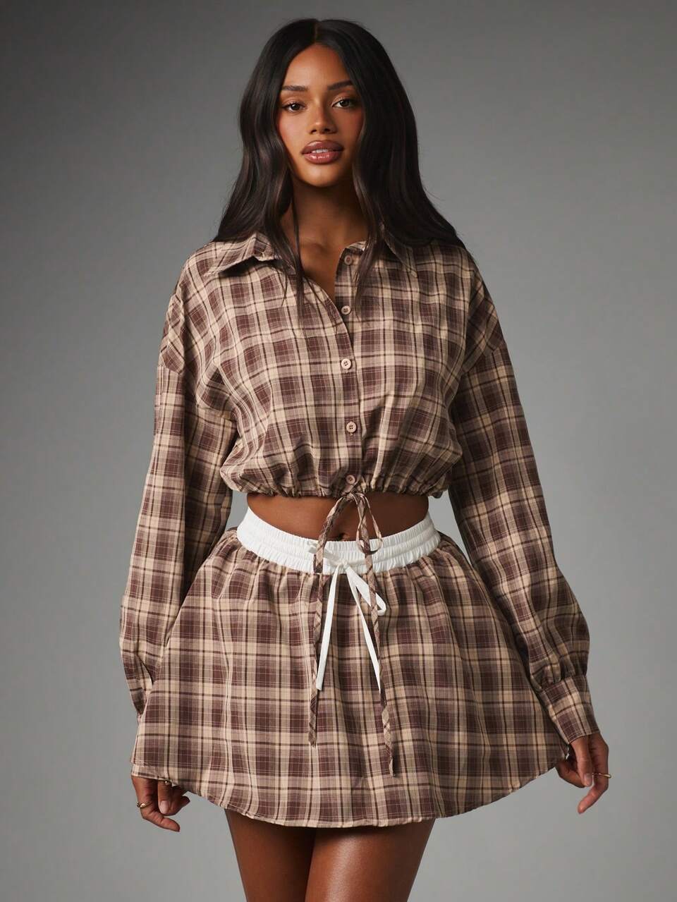 MISSGUIDED Plaid Mini Skort With Contrast Waistband And Drawstring, A-Line Flared Skirt, Fall Casual Style