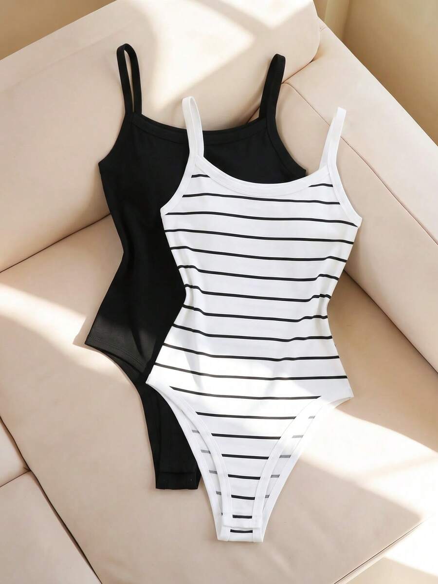 SHEIN LUNE 2026新款百搭連身內衣 條紋/純黑兩色 貼身細肩帶女款 辣妹顯瘦 百搭內搭外穿底層 適合居家、辦公、通勤、約會 - 黑與白 - 查看 1