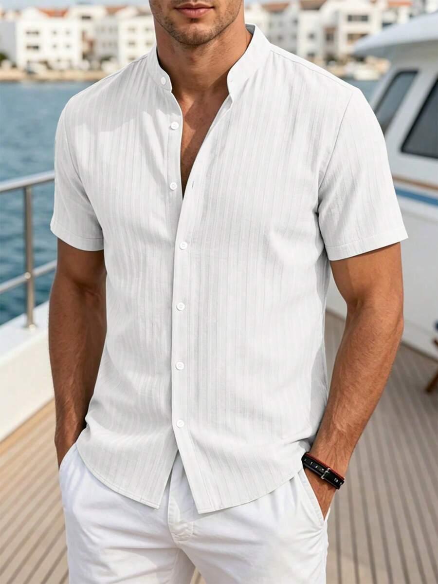 VENTUSAIL Men's Solid Colour Casual Short-Sleeve Shirt, Summer Vacation, Vintage Style For Men - White - View 1