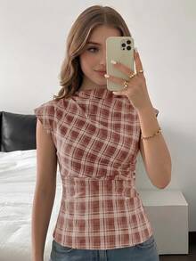 SHEIN 青少年女孩立領百褶設計上衣，優雅通勤上衣，適合辦公場合，百搭時尚單品，日常穿著、聚會，棕色格紋圖案，休閒風格 - 粉色 - 查看 3