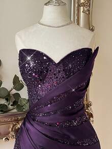 Lovelzi Elegant Deep Purple Sequin Satin Sweetheart Draped Wrap Asymmetric Ruched Corset Sparkly Fitted Short Cocktail Dress For Party Prom - Purple - View 3