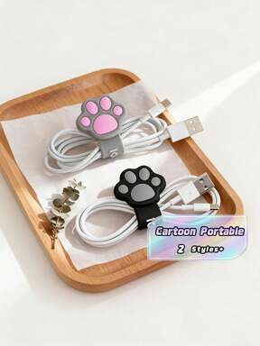2 Cartoon Cat Paw Cable Winders For Earphone Data Cable Charging Cable Organizer Portable And Practical Earphone Cable Tie, Desktop Additions, Spiral Design