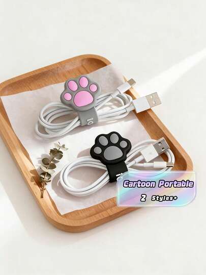 2 Organizadores de cable en forma de pata de gato de dibujos animados para auriculares, cable de datos y cable de carga. Organizador de cable portátil y práctico, diseño en espiral, complementos de escritorio