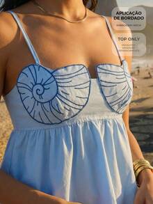 CAJUNI Women's Vacation Casual Tropical Fashion Embroidered Shell Camisole Tank Top Beach Light Blue Summer - Blue - View 7