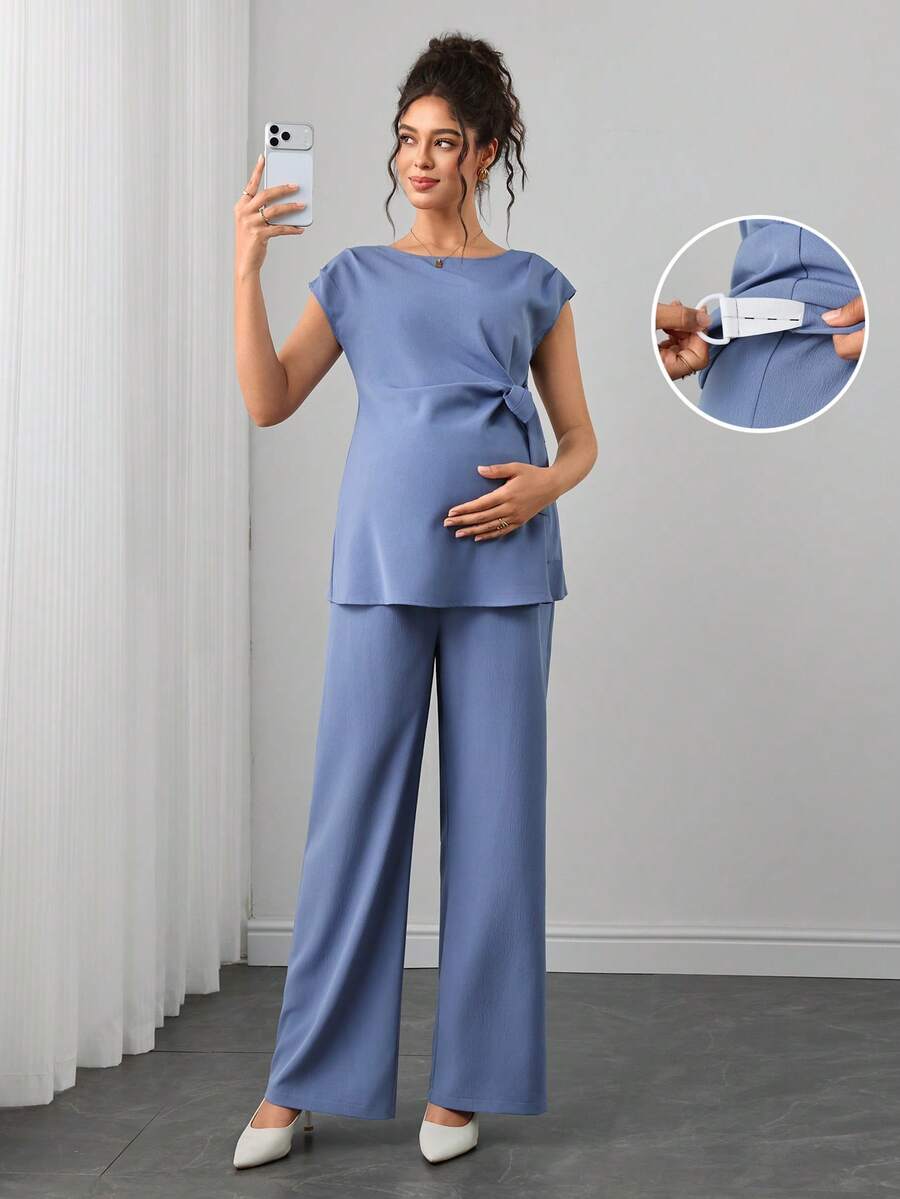Momance Blue Tie-Strap Short Sleeve Top And High-Waist Wide-Leg Pants Set, Round Neck Design, Bow Tie Waist, Draped Wide-Leg Long Pants, Summer Lightweight, Slimming And Height-Enhancing, Versatile Commute, Minimalist Premium Feel, European And American Style, Casual Everyday - Blue - View 1