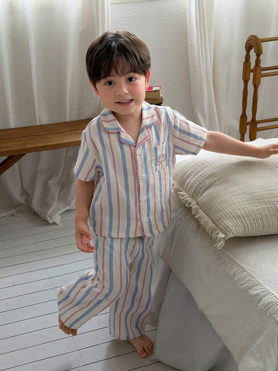 DAZY 男嬰韓系條紋領短袖上衣與長褲2件套居家服 夏季 - 米色 - 查看 1