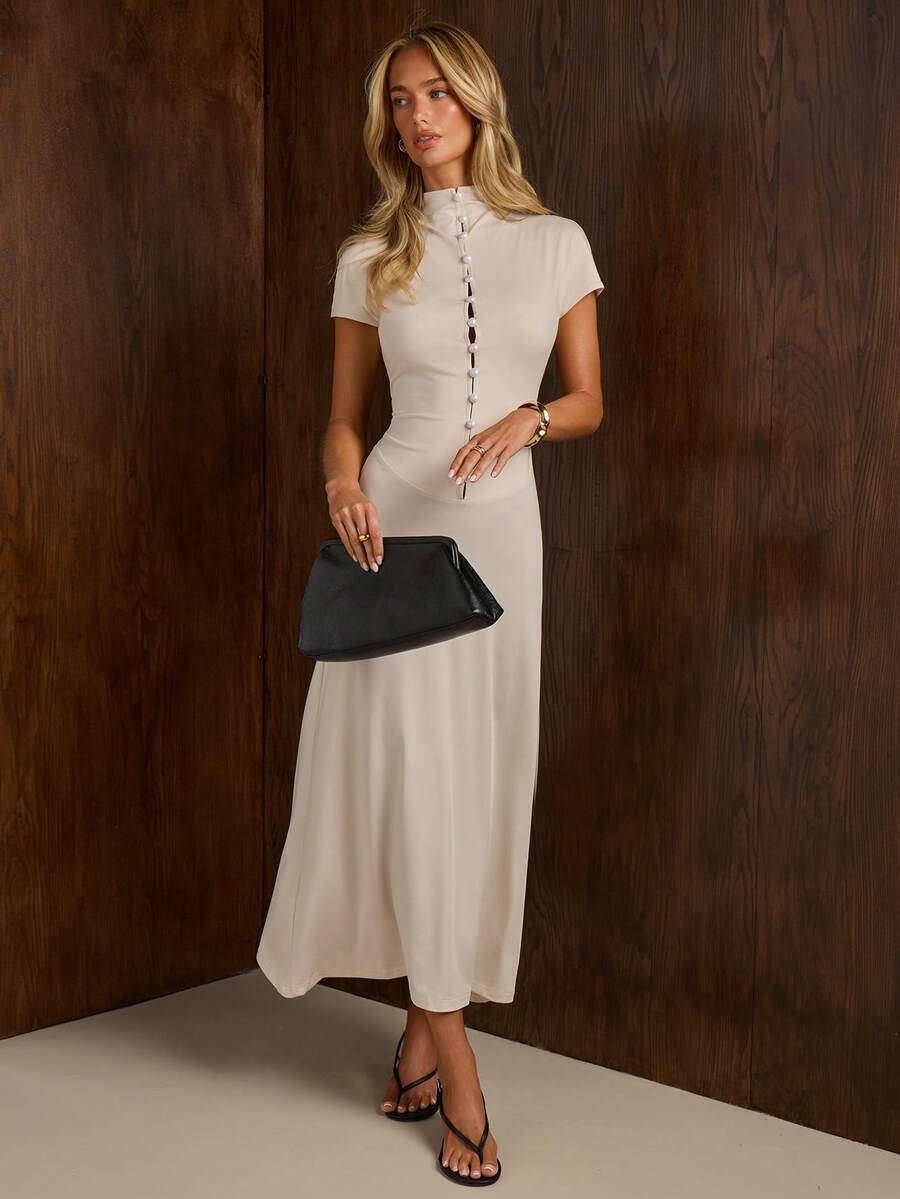 COSMINA Women's Elegant Fitted Pearl Long Dress Brunch Dinner Dresses For Wedding Graduation Dresses Elegant Dress For Women - Apricot - View 1